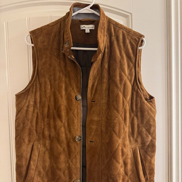 Peter Millar Mens Suede Leather Quilted Vest Cognac Brown Small Pristine - Picture 1 of 6